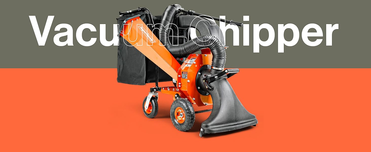 Industrial vacuum chipper machine in bright orange color against orange background with white text overlay.
